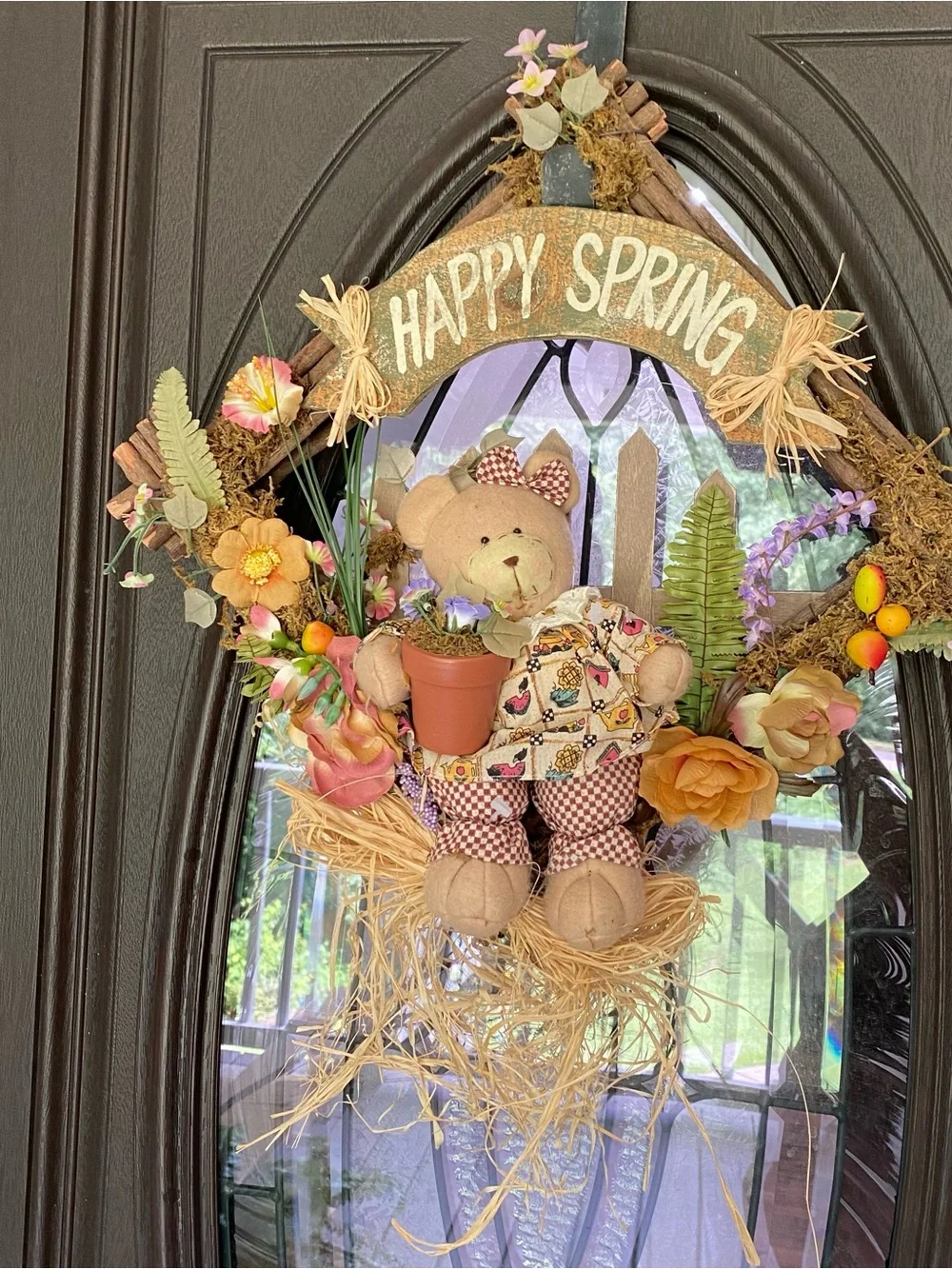 Happy Spring Bear Wreath - Floral Easter Door Decor